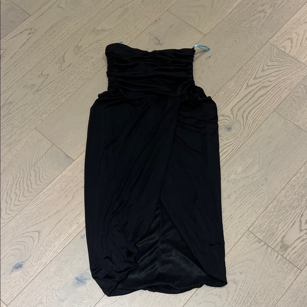 Marciano Strapless Black Ruched Wrap Dress
